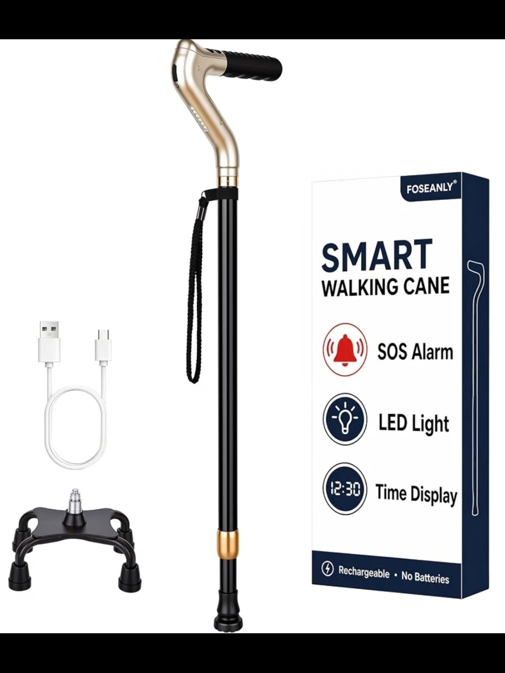 Walking Cane W. LED Light | Quad Base | 30"–39" Adjustable Height | NEW IN BOX |
